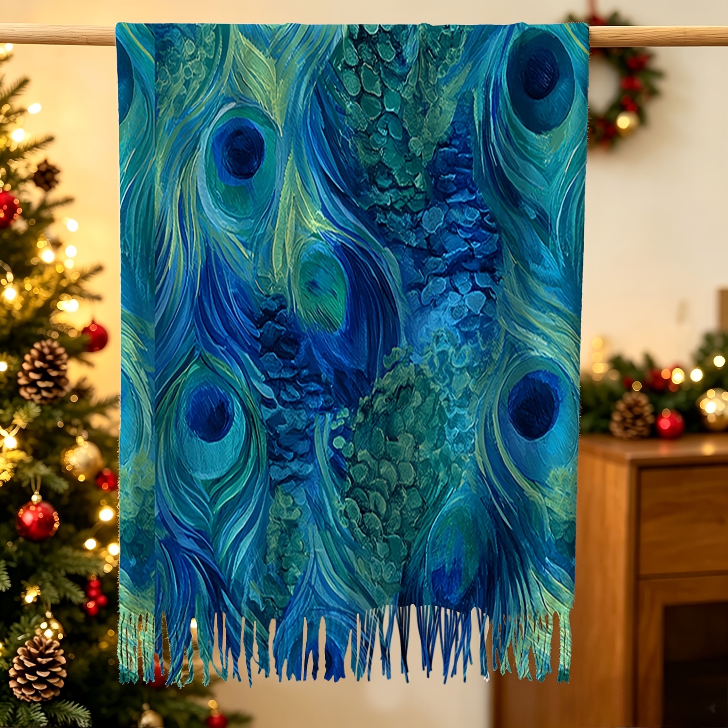 TEMU 1pc Elegant Tassel Scarf | Peacock Eye Pattern - Suitable For Daily , Vacation, And Holiday Gifts, Tassel Scarf Shawl, Commute And Travel Gift
