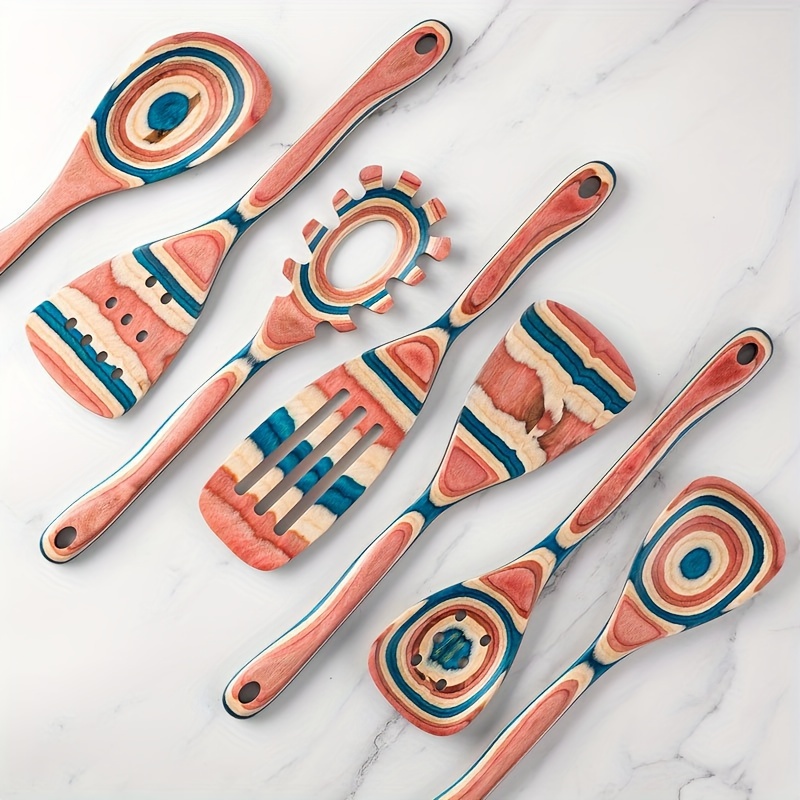 7 piece colored wooden kitchen utensil set high temperature resistant   cooking spatula slotted turner rice spoon pasta fork pizza shovel salad spoon   log material kitchen tools kit details 10