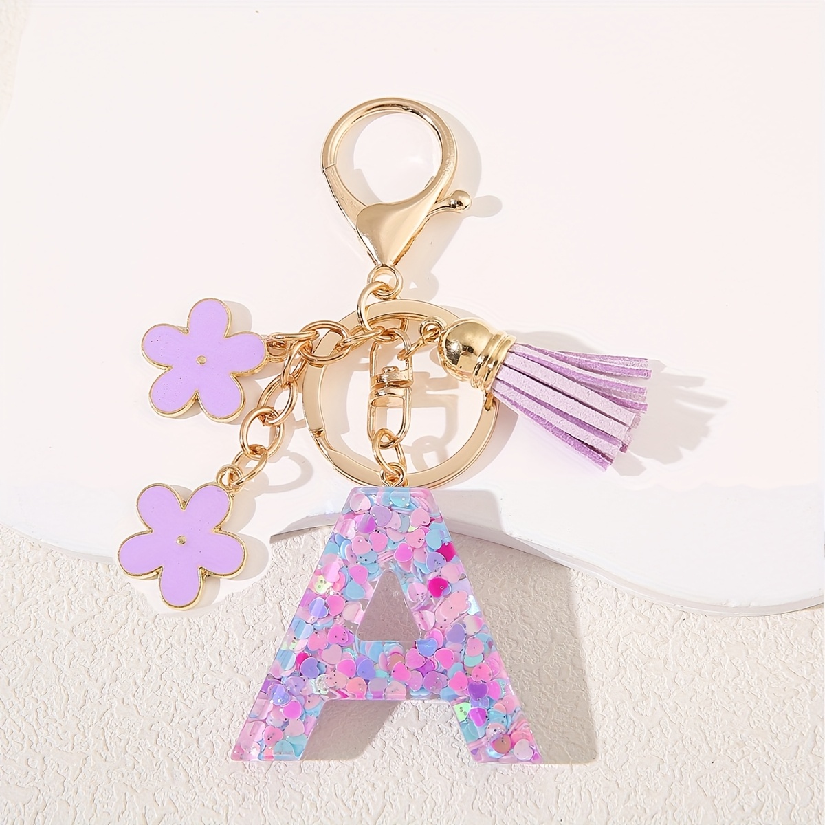 TEMU 1pc Purple Flower Initial Letter Keychain Epoxy Glitter 26 English Letter Keyring Additions Women's Shoulder Bag Handbag Decoration Pendant