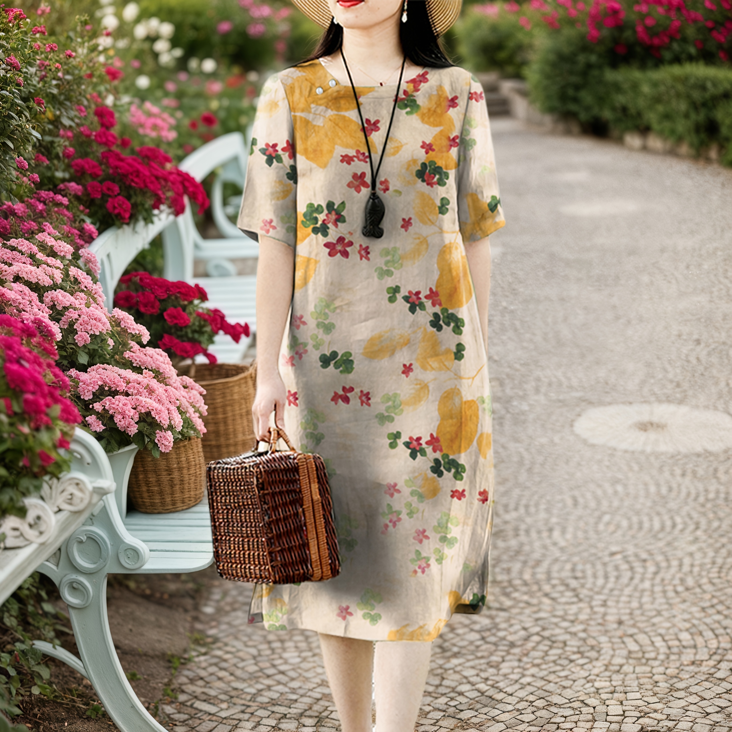 Women's Elegant Versatile Vintage Cheongsam Spring/Summer Short Sleeve Floral Print Dress