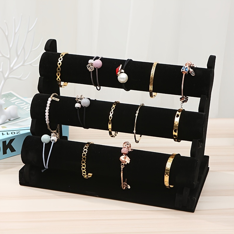 

Elegant Jewelry Display Stand - 3-tier Bracelet & Bangle Organizer With Golden Accents, Cushioned Holders For Charms, Ideal For Vanity Storage And Home Decor