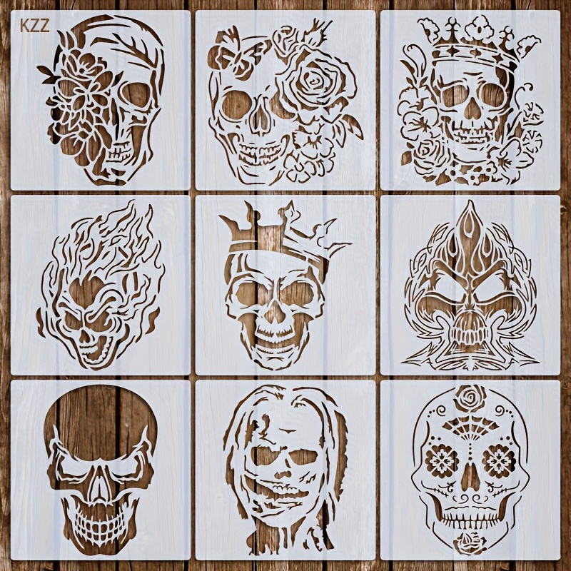 Image of Kzz 9 Reusable Stencil Designs Painting Templates For Crafts Flame And Floral Patterns Halloween Stencils For Fabric, Canvas, Wall Decor - Perfect Gift For Crafters And