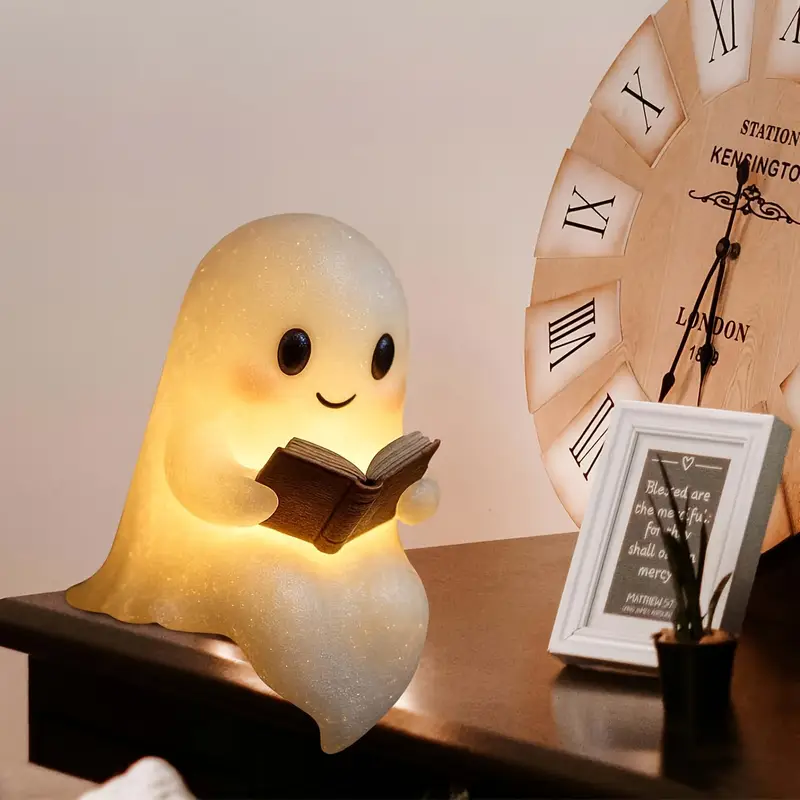 cute glowing reading book lamp - plug-free battery-powered warm light with cozy book light effect, 8.6 adorable plush-like figurine with eyes & glowing pages - indoor/outdoor halloween & decor, night light for bedroom, shelf, mantel - ideal gift for book lovers & spooky home decor Product details 2