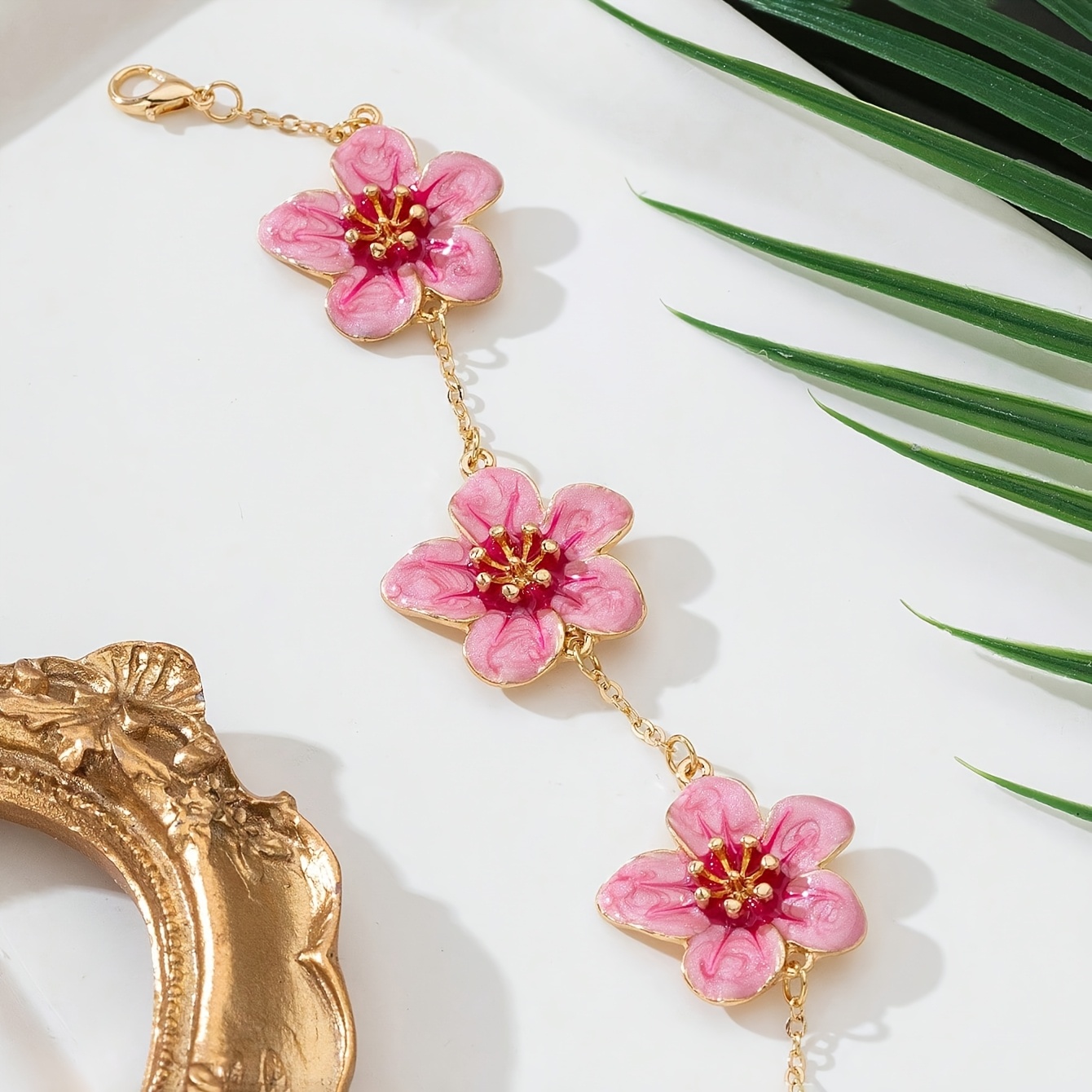 Women's Pink Flower Bracelet, Five-Leaf Floral Design