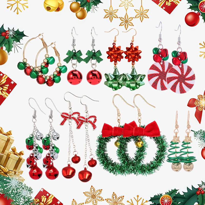 TEMU 8 Pairs Women's Fashion Dangle Earrings, Christmas Themed Vintage Spring-style Christmas Tree Earrings, Bow Tassel Bell, And Flower Pendant