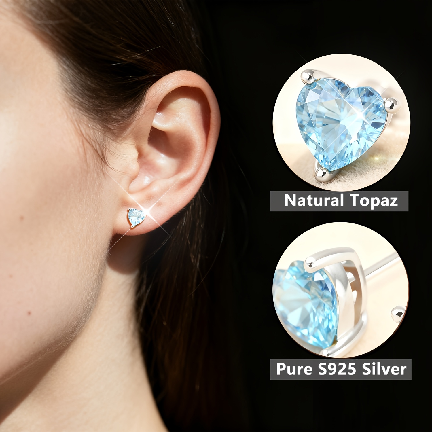 TEMU Elegant S925 Sterling Silvery Stud Earrings, Hypoallergenic, Lightweight, And Durable, Inlaid With Heart-cut Natural Topaz, Elegant Daily