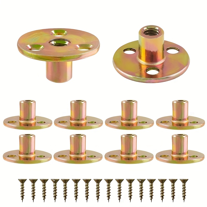 Image of Set Of 10 M8 Carbon Steel Round Base T-nuts With 30 Screws - Sturdy Flange Inserts For Furniture Legs, Chairs, Sofas, And Cabinets (woodworking Hardware Set)