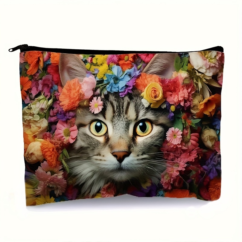 

Cute Cat With Colorful Flower Crown Cosmetic Bag Makeup Bags Cute Travel Bag Birthday Gifts Friend Gifts For Women, Travel Essential Lightweight Makeup Organizer, Versatile Coin Purse