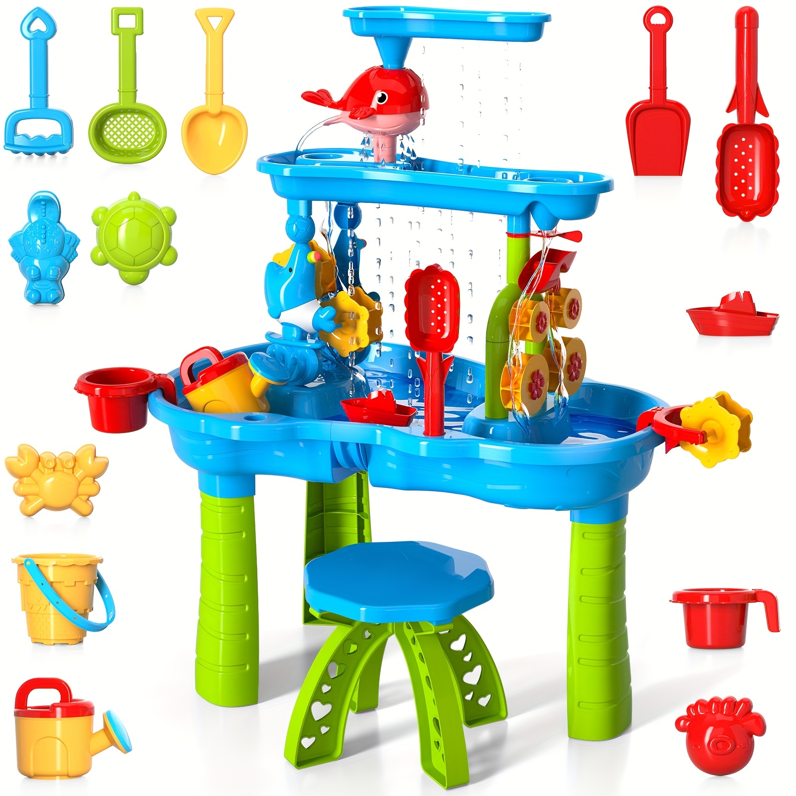 TEMU 3-tier Kids Sand & Water Play Table With Sprinkler, Shovel, And Bucket - Blue Outdoor Beach Toys For Toddlers, Durable Plastic Construction,