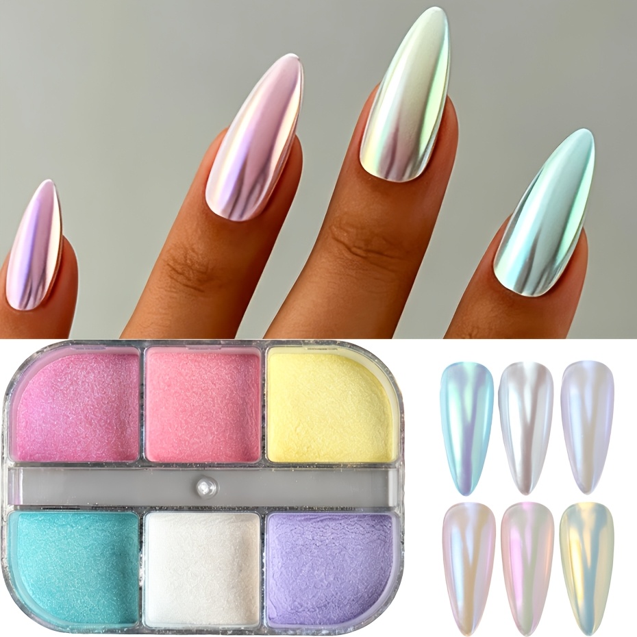 Image of 6 Colors Aurora Chrome Nail Powder Palette - Iridescent Set, Ultra Fine Mermaid Nail Art Dust For Gel Polish, Acrylic Nails, Manicure And Salon Use, Long-lasting Metallic Shimmer Nail Art Decorations