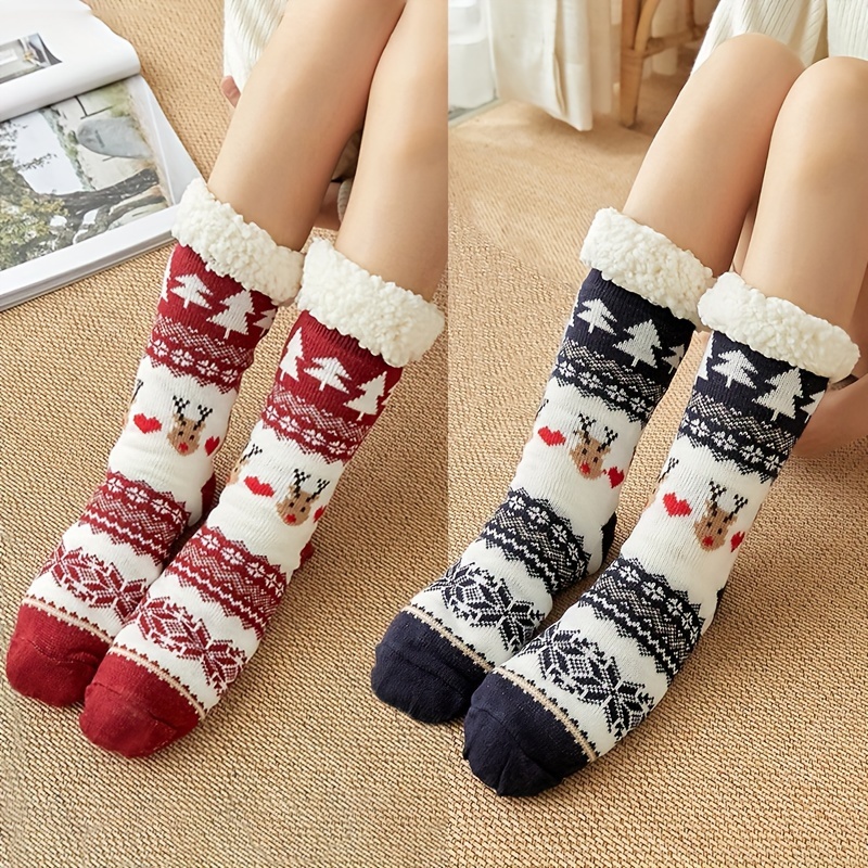 

1 Pair Christmas Deer Pattern Plush Mid Tube Socks For Fall & Winter, Cozy Warm Comfy & Breathable Floor Socks, Women's Stockings & Hosiery