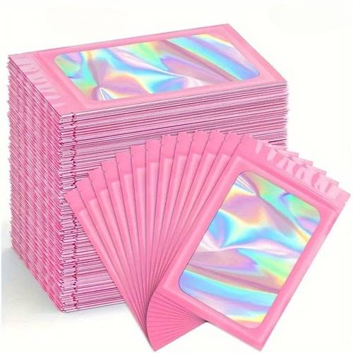 pieces thickened colored holographic laser sealed bags festival party gift packaging pouches reusable pink zipper storage bags with transparent window portable organizing pouches for nail tools jewelry cosmetics anti oxidation storage bags