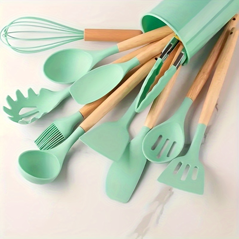

12pcs, Non-stick Silicone Kitchen Appliance Set With Wooden Handle, Safe And Easy To Clean, Perfect For Cooking And Baking, Perfect For Back-to-school And Dorm Essentials