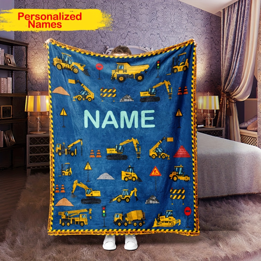 TEMU Custom Name Excavator Flannel Throw Blanket - Soft, Warm & Lightweight For Couch, Bed, Travel, Camping - All-season Hypoallergenic Digital Print