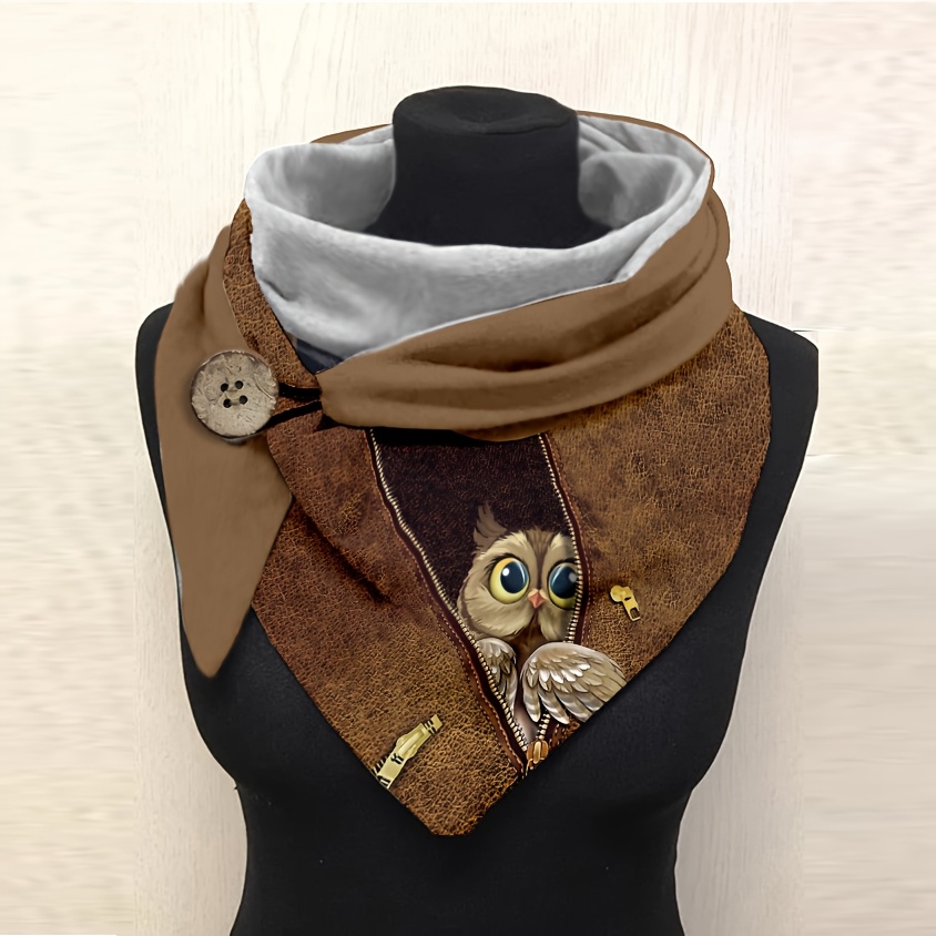 

Owl 3d Print Plush Scarf For Women, Polyester With Spandex, Hand Washable, Animal Pattern, Fall/winter Warm Knit Accessory, Suitable For 15+