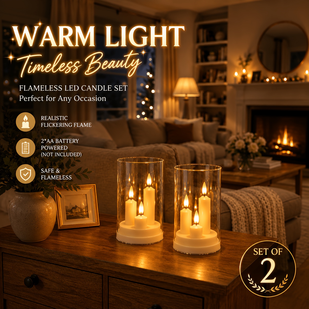 TEMU 2pcs Led Electronic Candle Lamp Set, Realistic Flickering Flame Candle Lamp, Decorative Light, Transparent Cup With Three-headed Fake Candles,