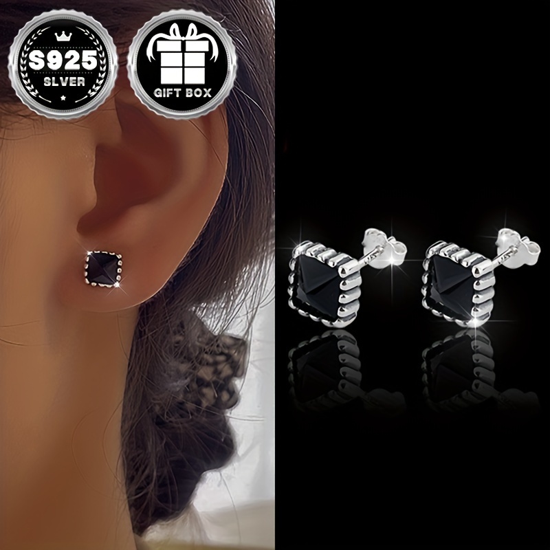 

Elegant 925 Sterling Silvery Stud Earrings With Black Zirconia - Hypoallergenic, Simple & For Casual Attire, Chic Earrings