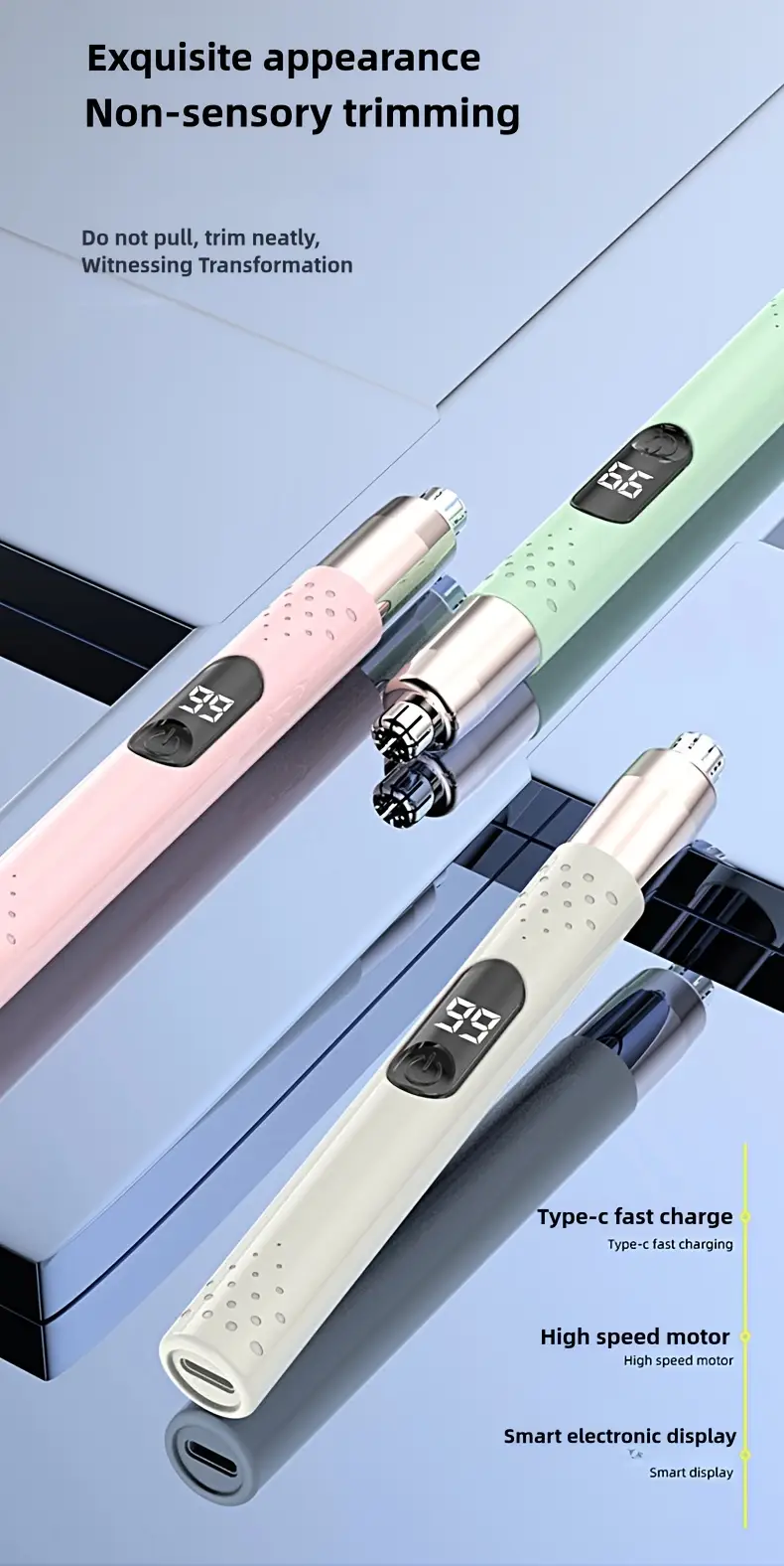 portable electric nose hair trimmer stainless steel cutting head no pulling hair and   fashionable and simple for   men and women usb charging suitable for nose hair eyebrow and ear hair trimming Product details 0