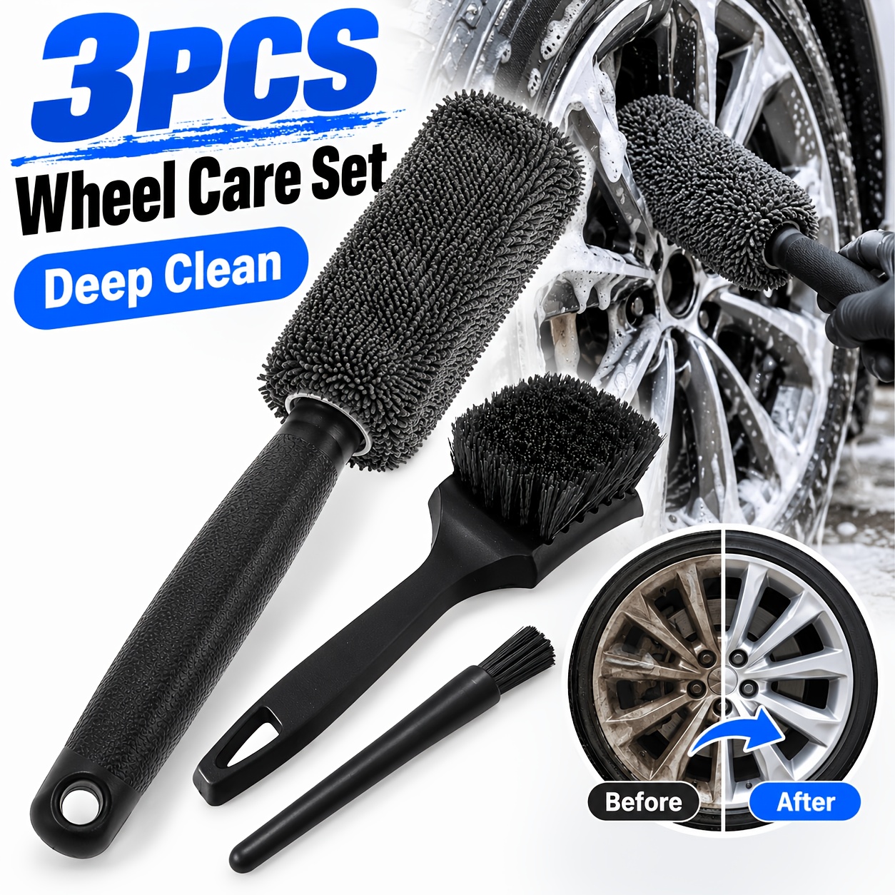 TEMU 3pcs Car Wheel Cleaning Brush Set, Long-handle Microfiber Wheel Rim Brush And Short Tire Brush And Small Detailing Brush, For Wheel , Spokes,