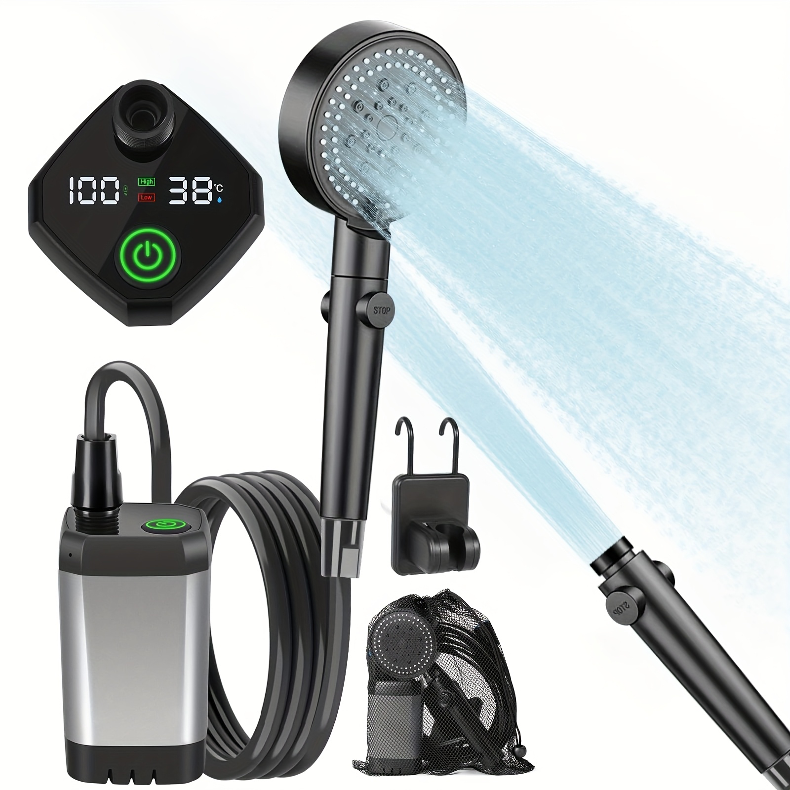 Douche Camping Portable WADEO - Pompe Électrique 3000mAh - Affichage Température - 20L