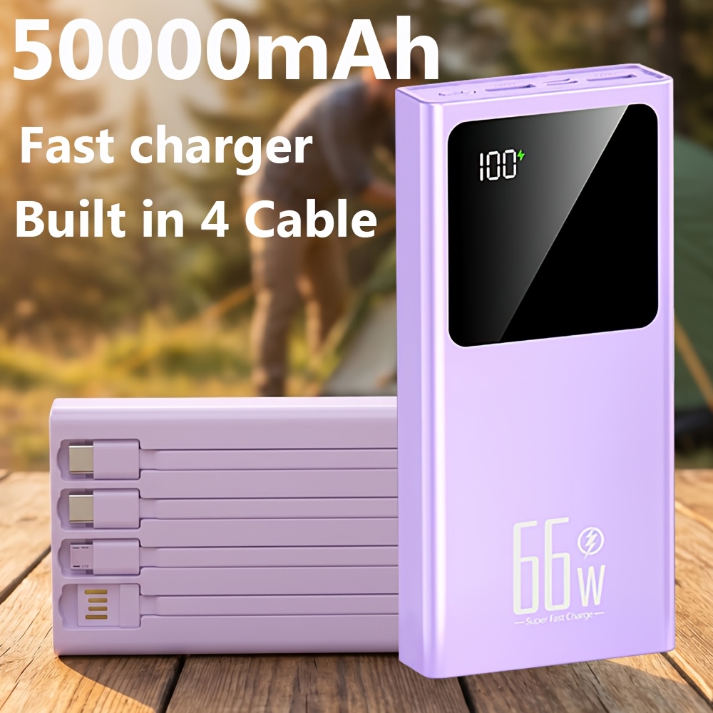 TEMU 50000mah Power Bank 66w Super Fast Charging 100% Capacity Portable Battery Charger Digital Display With Built In Cables Essential Usb-c Portable