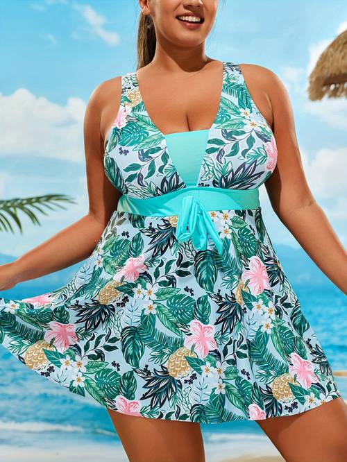 womens plus size floral one piece swimsuit with tie waist stretchy fit for beach pool