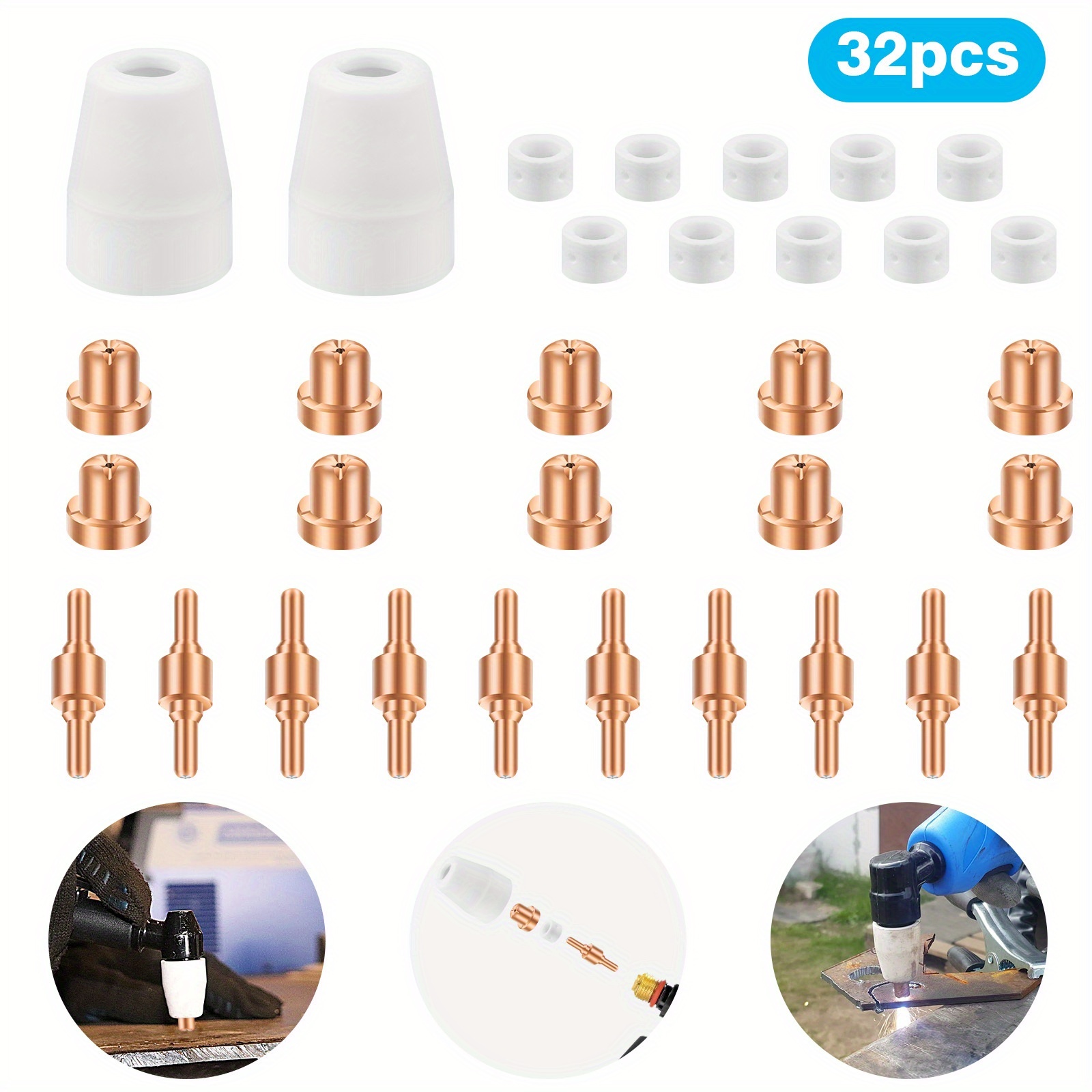 TEMU 32/80pcs Plasma Cutter Electrode And Nozzle Kit, Welding Torch Consumables, Fits For 40a Pt-31, Includes Tips, Extended Electrode Nozzles & Shield Cup, High-performance, Without Battery