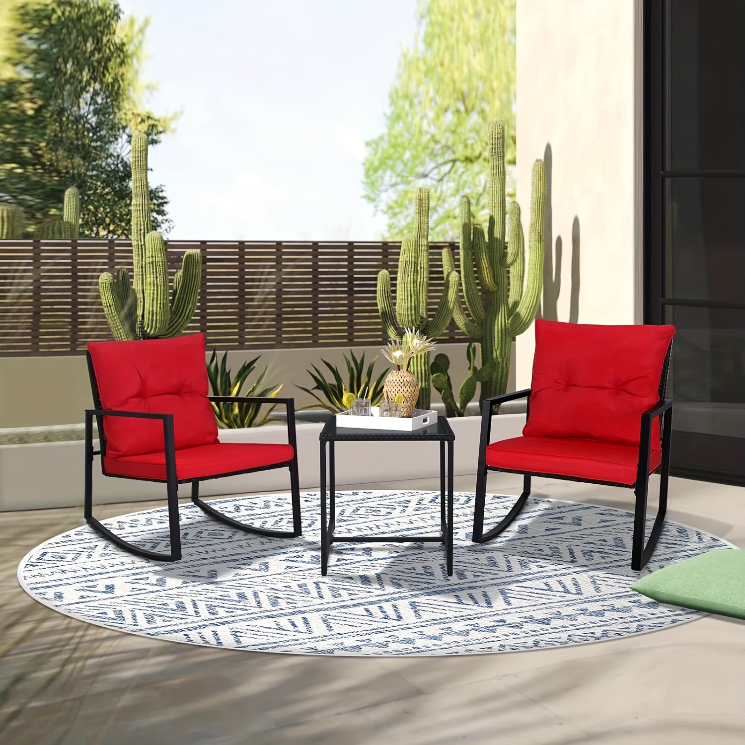 

3 Piece Outdoor Rocking Bistro Set Black Wicker Furniture Porch Chairs Conversation Sets With Glass Coffee Table, Red