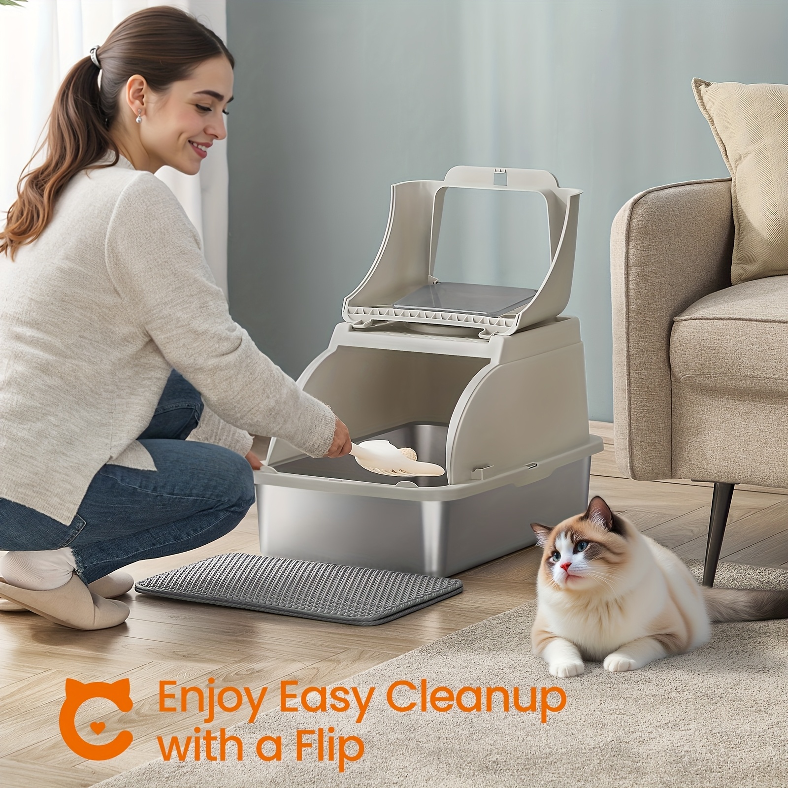 TEMU Bac à Litière en Acier Inoxydable avec Couvercle Rabattable, Bac Fermé XL pour Chats Jusqu'à 15 kg, Design -Fuites, Pelle, Brosse, Double Entrée