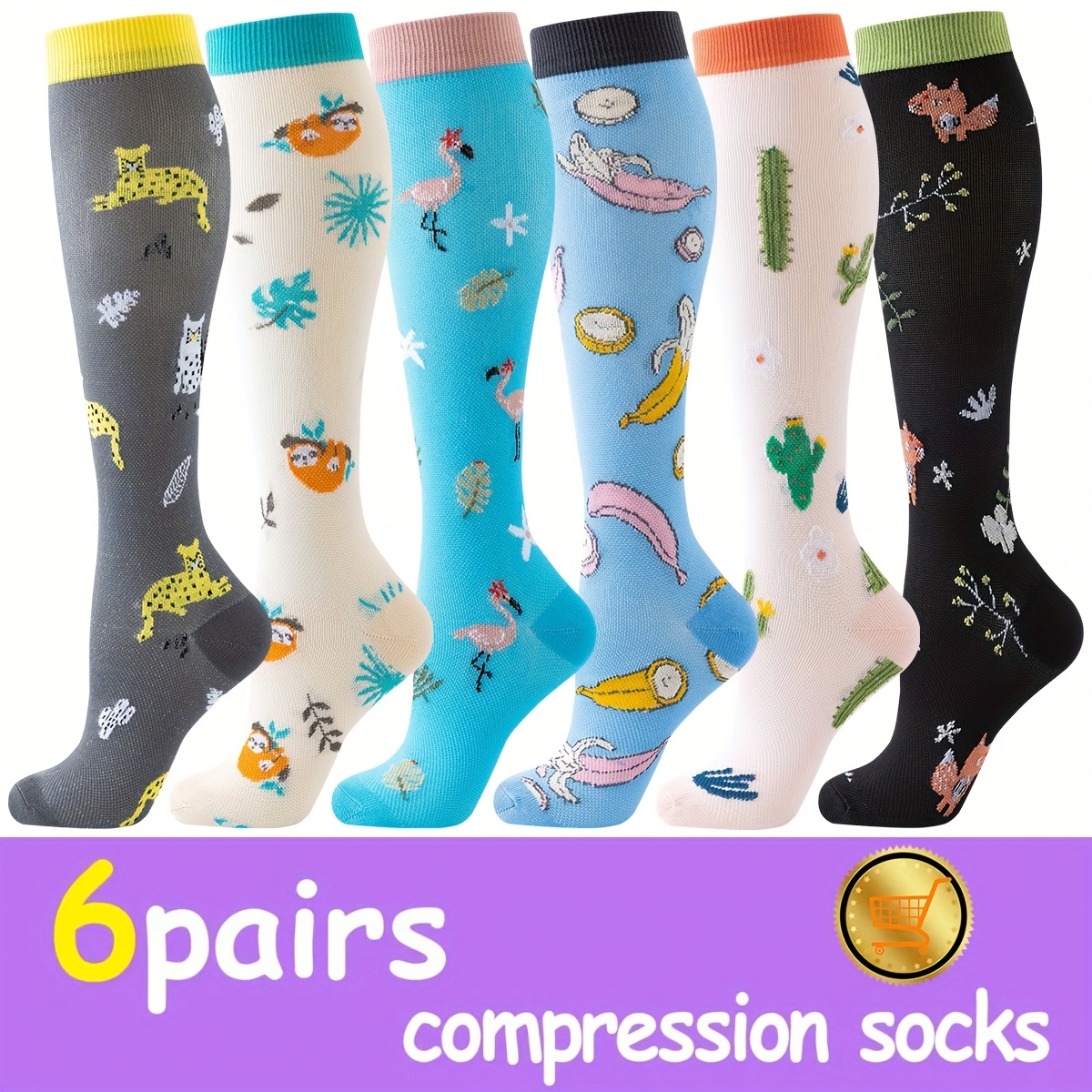 6 pairs unisex knee high compression socks breathable stretchy calf support with cartoon   patterns for running sports nursing professionals multi color pack     durable material fitness enthusiasts