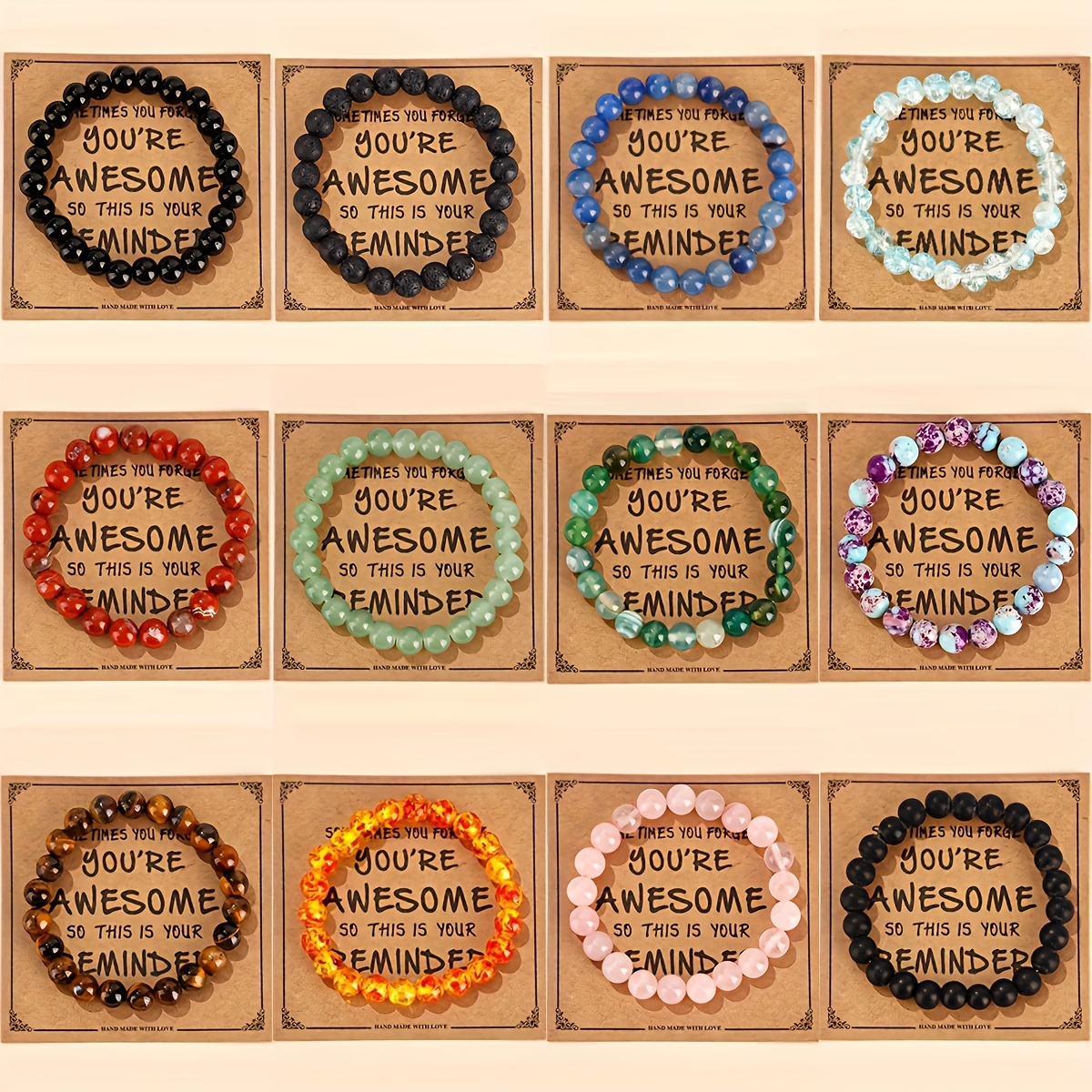 

12pcs Bracelets à Perles en Pierres Naturelles de 8mm d'Inspiration Vintage - Élastiques, Design Coloré Inspirant "Tu es " pour Tenue Décontractée