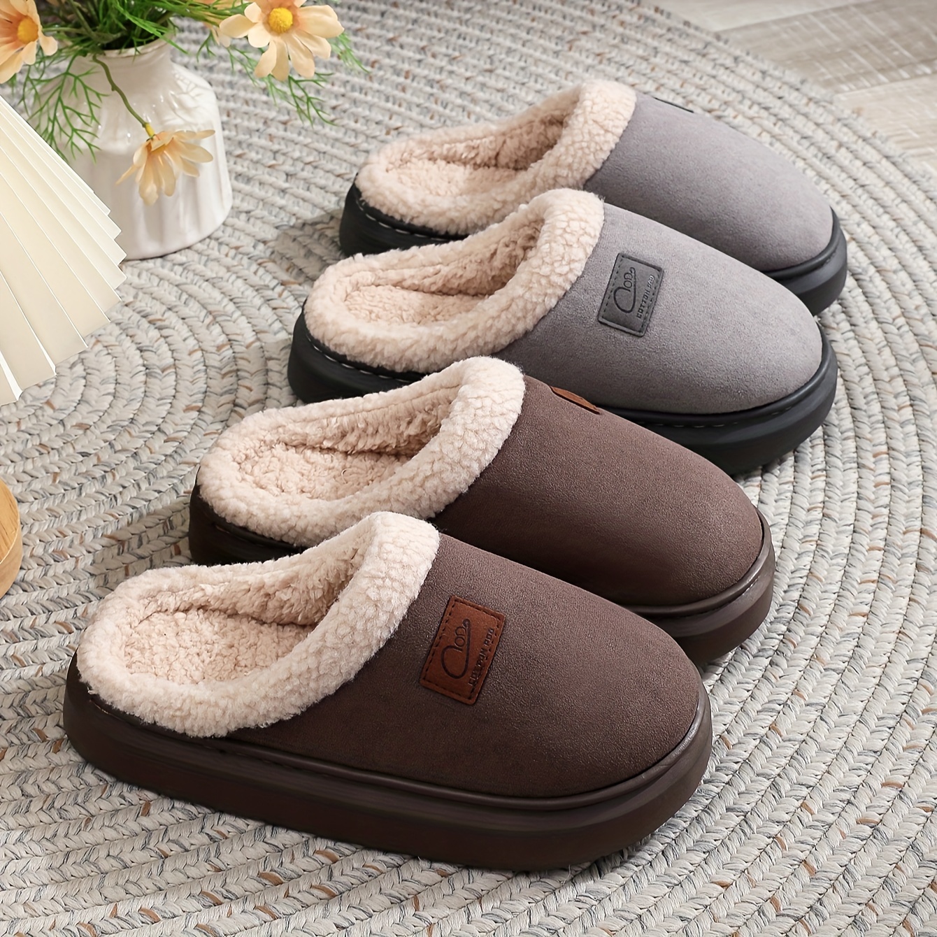 

Men's Casual Comfortable Plus Fleece Slip On Home Shoes, Non-slip Warm Cozy Slippers For Indoor, Autumn And Winter