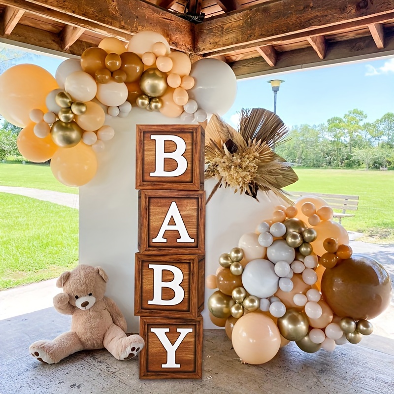 

4pcs Wood Grain - Kit For Baby Shower, Birthday, Gender Reveal, - No Electricity Needed Party Decorations With Teddy Bear & Babyshower Supplies