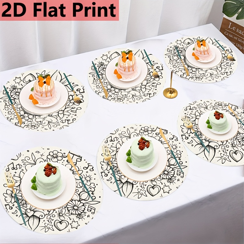 TEMU 4pcs Round Placemats For Parties With Coloring Pages - Washable Table Mats, Doodle Design, Machine Washable Table Decor, Suitable For Spring