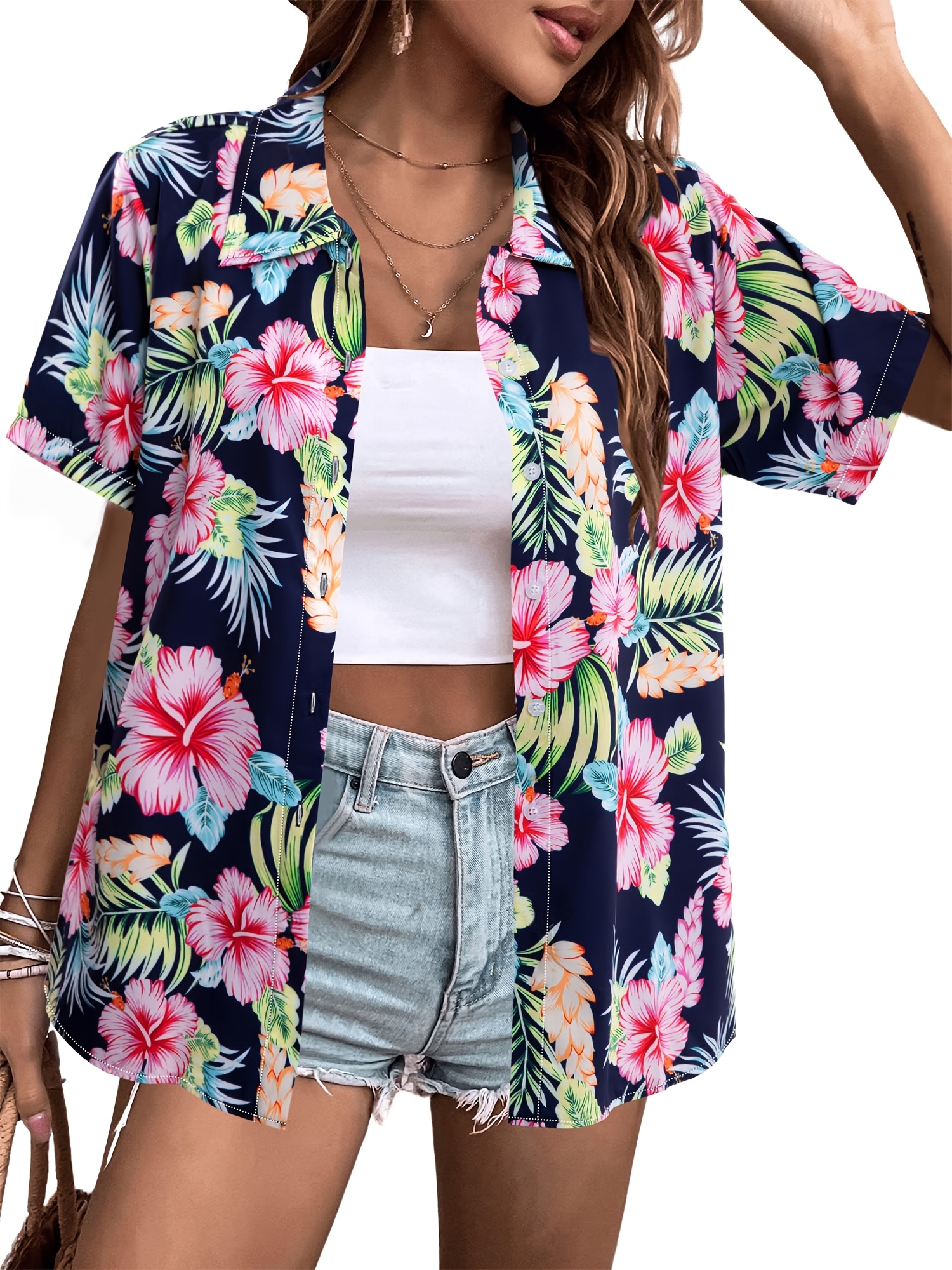 Camisa Hawaiana para Mujer, Blusa de * Suelta con Botones y Estampado  Floral - Top Casual para Playa o Vacaciones, image size:800x1067
