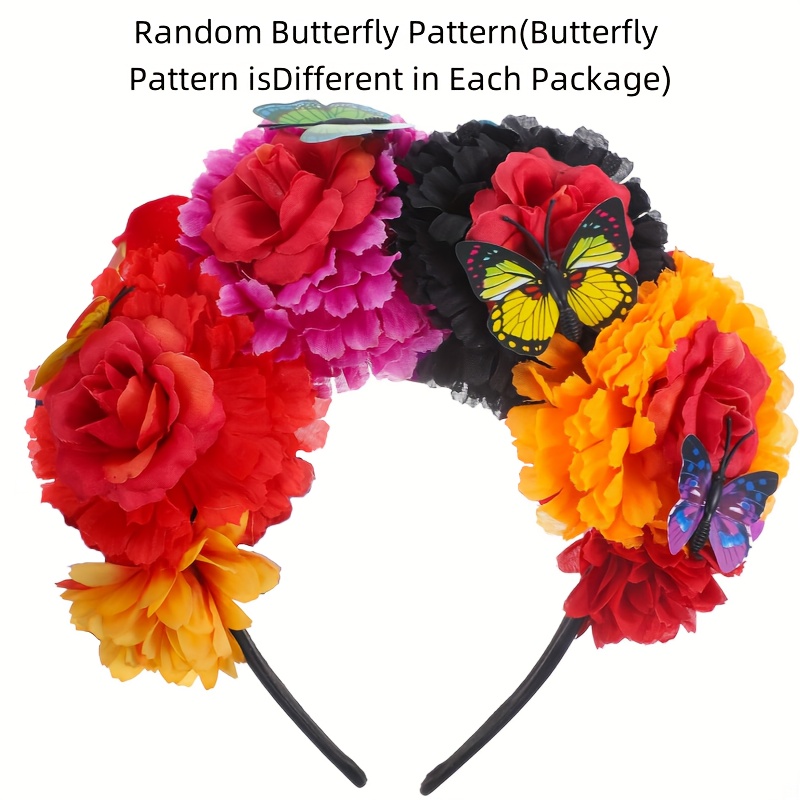 Image of A Beautiful Mexican Crown, A Headpiece, Halloween Party Costume Accessory, Red Flower For Hair, Masquerade, Photo Prop