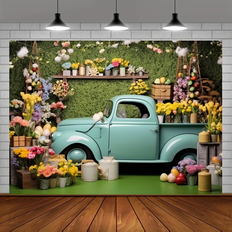 1pc spring easter photography backdrop blue truck colorful eggs flowers rabbit background tulip floral forest party decorations backdrop party photo background table banner extra large wall decor props party supplies