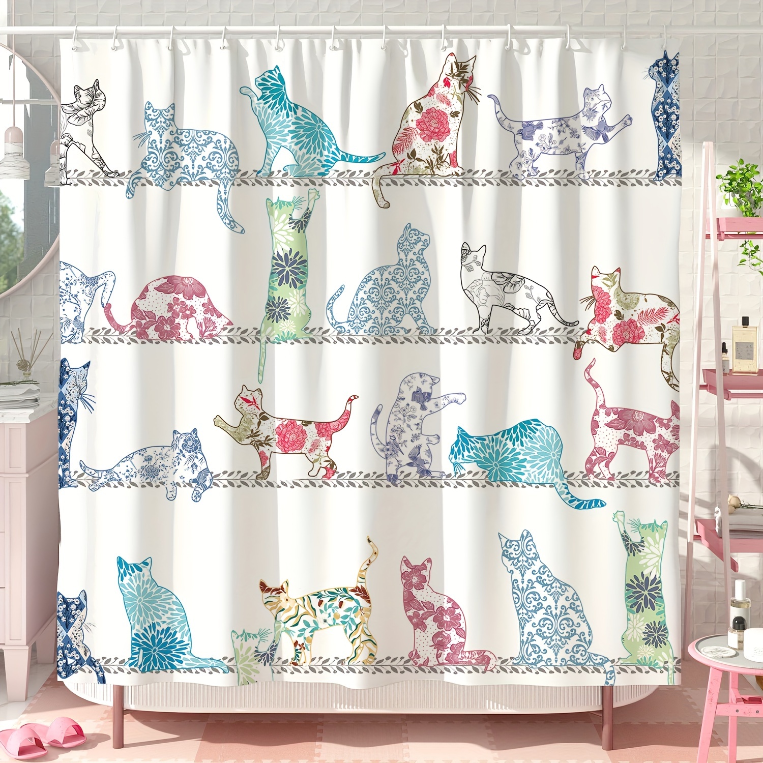 

1pc, Cute Cat Print Shower Curtain, Polyester, Waterproof, Machine Washable, Floral Pattern, Rustic Bathroom Decor With 12 Hooks, Suitable For Bathtub And Shower, Multicolor