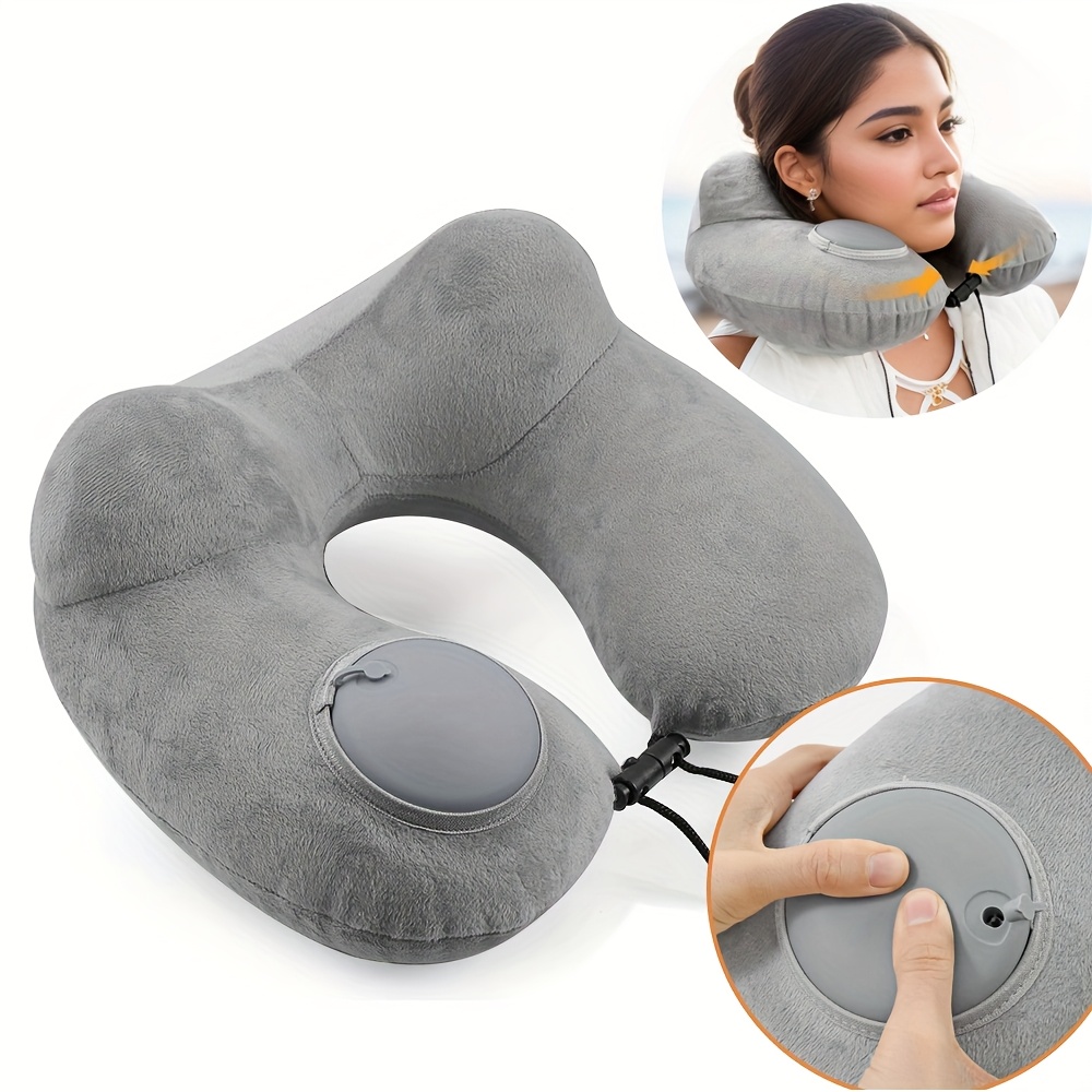 zdjęcie przedmiotu 1 szt. Przenośna nadmuchiwana poduszka pod szyję w kształcie litery U, poliestrowa poduszka podróżna w stylu casual, odpinana poszewka, z zamkiem błyskawicznym, dla osób śpiących na boku, idealna do samolotu, samochodu, na drzemkę, nadmuchiwane poduszki odpowiednie do podróży i jako dodatek do biura