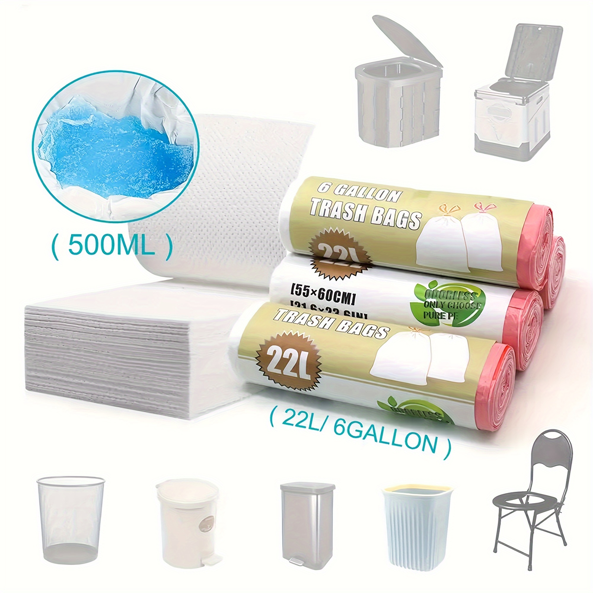 

90/150pcs, Portable Toilet Combination Set, Absorbent Pad And Drawstring Garbage Bag Combination Set, No Fragrance Or , Leak Proof, High Water Absorption, For Cars, Camping, Travel, Outdoor Activities