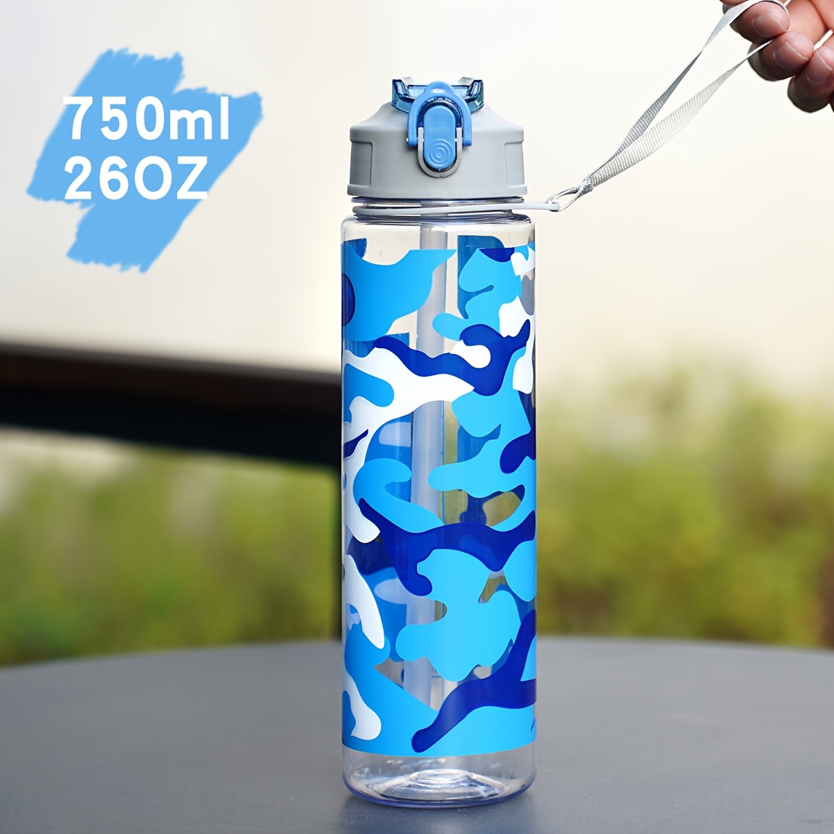 Image of A 26oz (approximately 750ml) Camouflage Print Themed Plastic Water Bottle, Sports Water Cup, Portable And Leak-proof. Suitable For Sports, Fitness, Running, Indoor Walking, And City