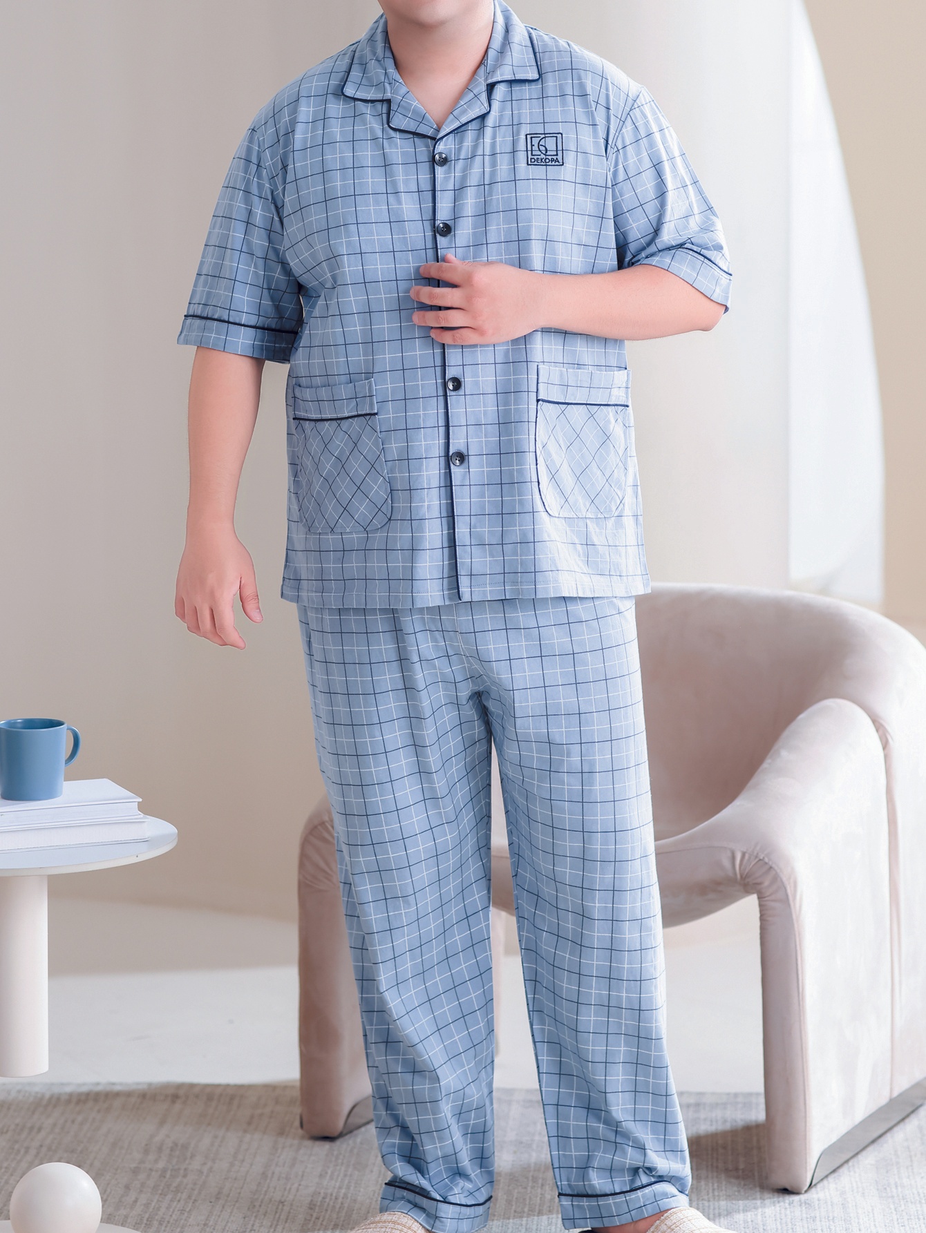 Plus Size Men's 100% Cotton Lapel Cardigan Short Sleeve Long Pants Loungewear, Soft Comfortable Breathable Home Wear, Fits Up to 154.22 KG, PLUS SIZE