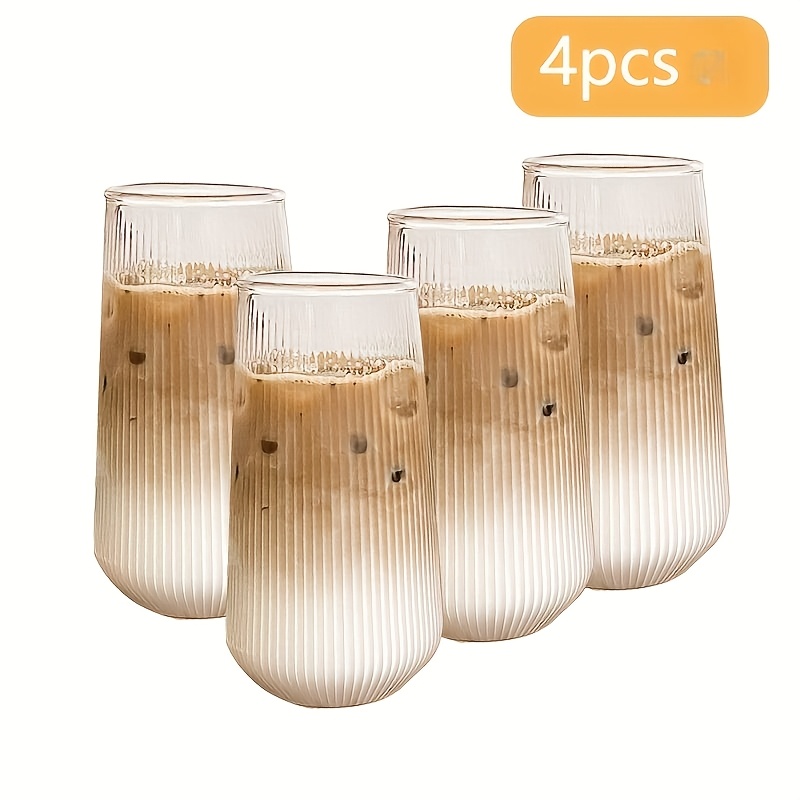 TEMU Set van 4/2 gestreepte glazen bekers, 580ml, ijskoffiebekers voor Americano, huishoudelijke fruittheekopjes, glazen voor koude dranken en sap,