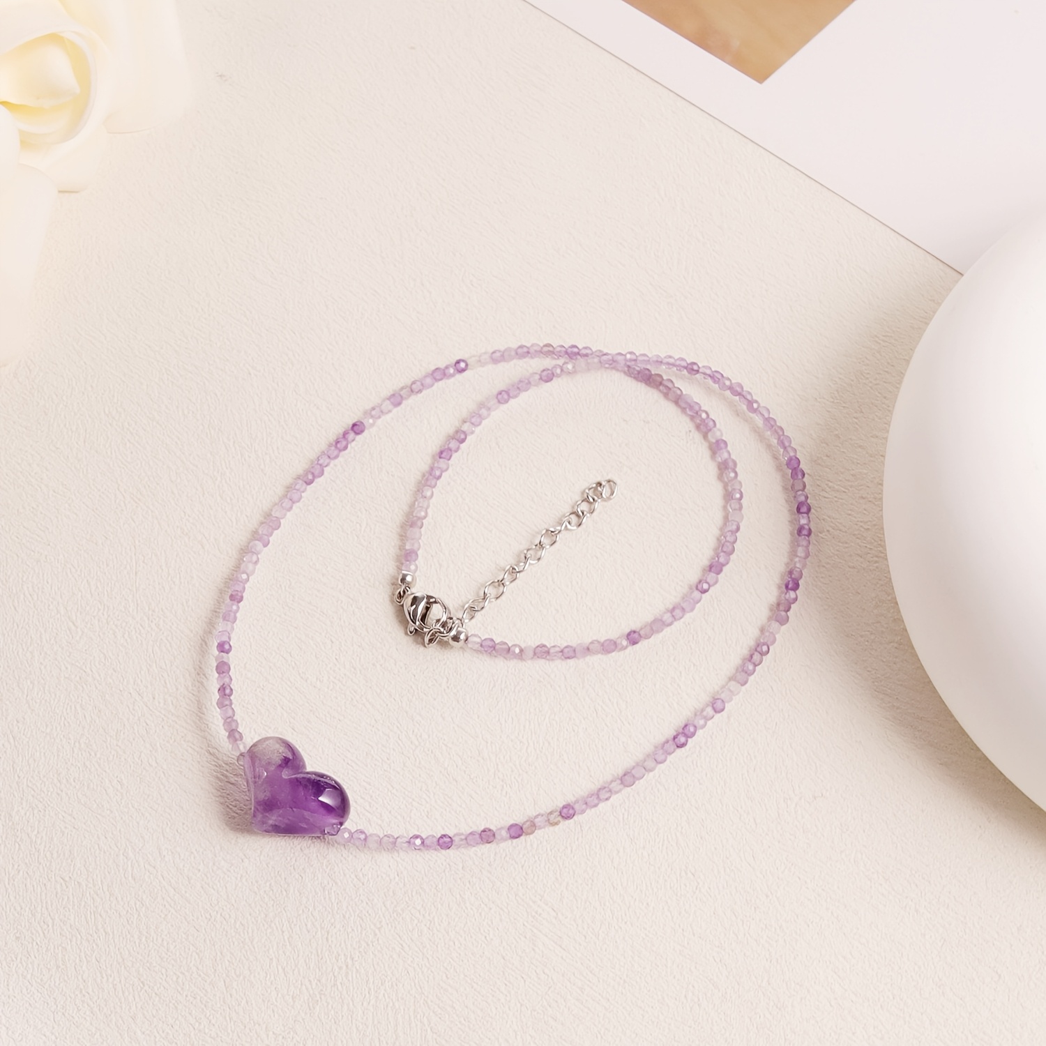 TEMU Natural Stone 1pc Artisan Hand-polished Amethyst Necklace - 2mm Sparkle Beads And Hand- Amethyst Heart Pendant | -inspired Jewelry | Date