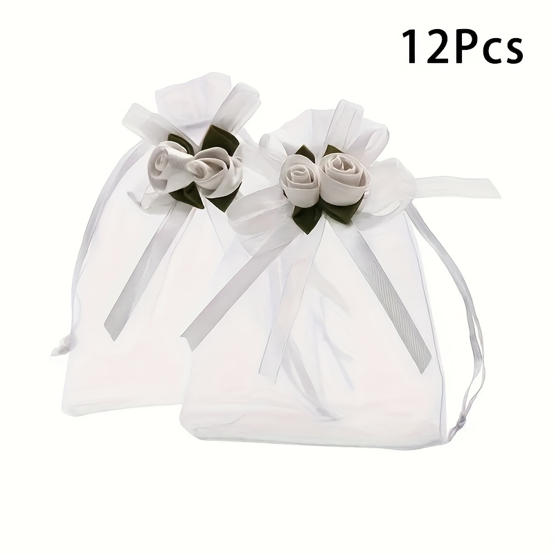 E-shop 12 Stück Weiße Rosen-Organzatüten mit Zugbandverschluss - Elegante Blumen Hochzeitsgeschenke für Geburtstage, Valentinstag, Eid al-Fitr -