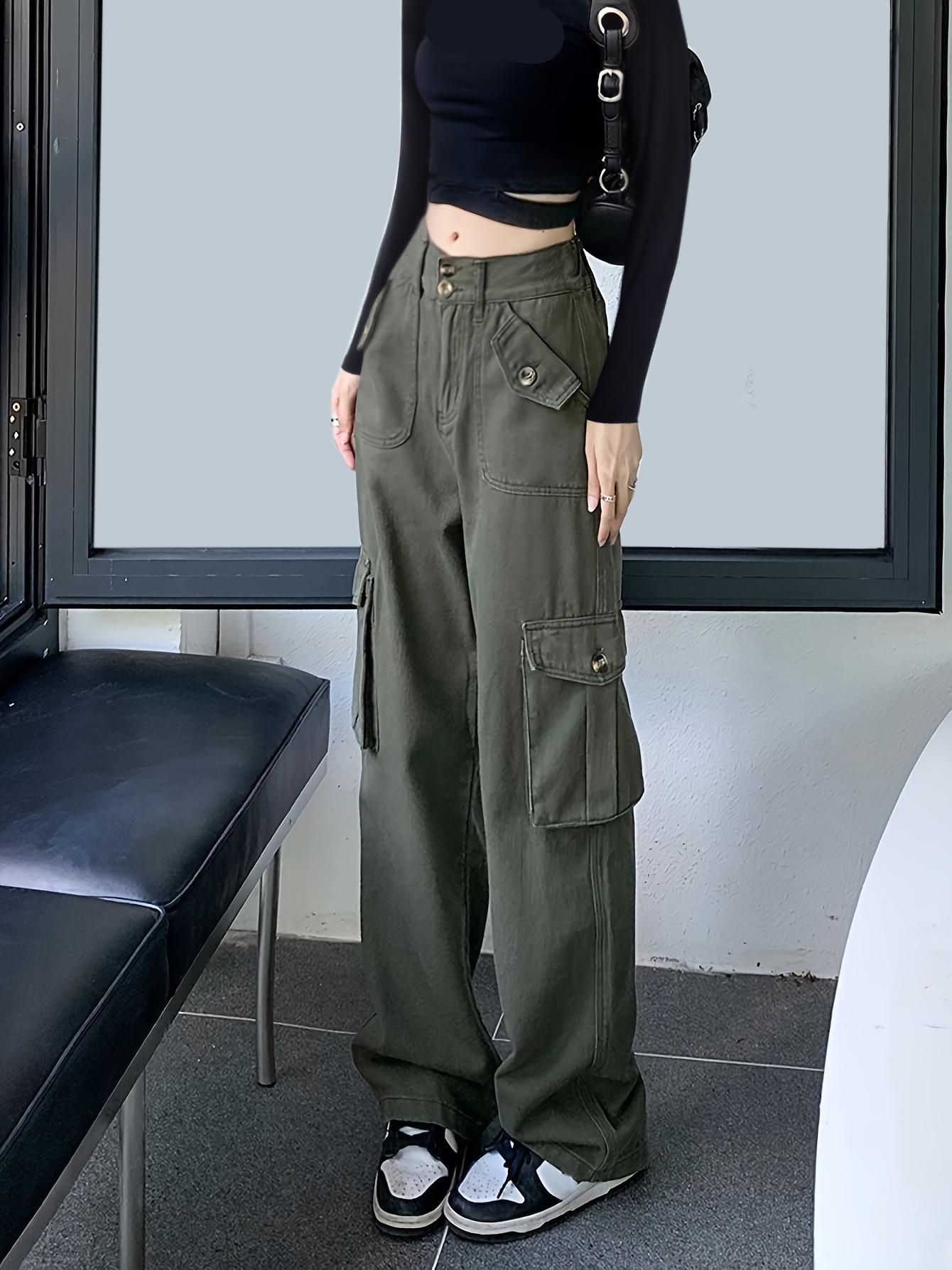 Army Green Cargo Pants Flap Pockets High Waist Loose Fit Non