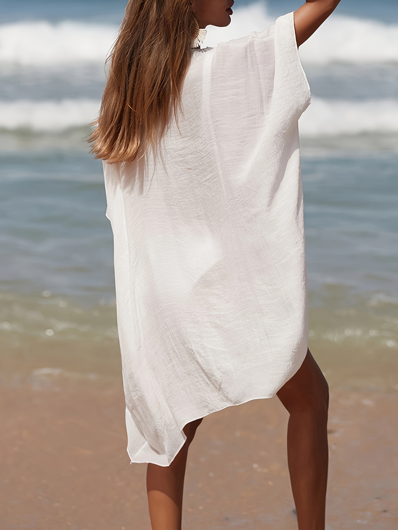 Boho V Neck Long Sleeve Beach Cover Up, Polyester Hollow Out Floral Print  for Women Resort Wear