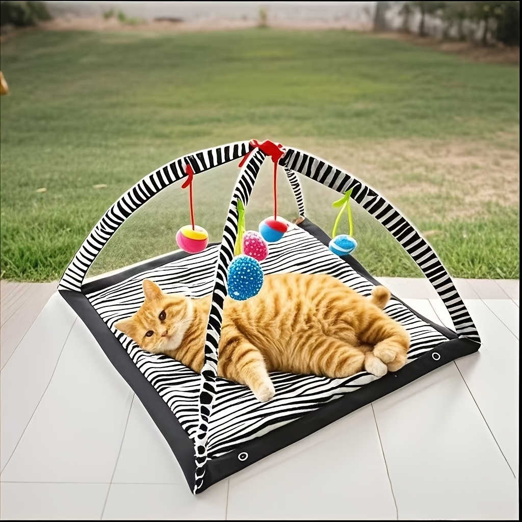 Interactive Cat Play Tent with Hanging Ball Toys & Scratching Mat