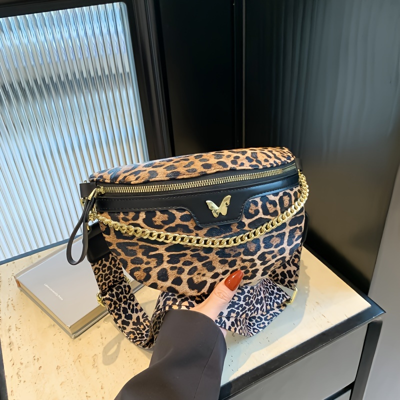 

Fashion Leopard Print Fanny Pack For Women Pu Leather With Chain, Removable Strap, Zippered Chest Bag With Polyester , Crossbody Waist Bag For Ladies