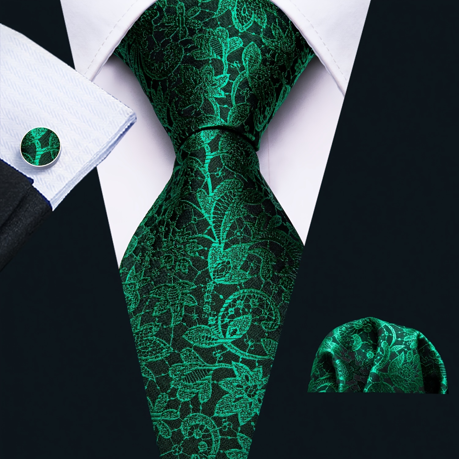 

Barry.wang Classic Men's Green Floral Necktie & Pocket Square & Cufflinks Set, For Festival Party, Father's Day Gift